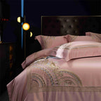 Premium blush pink satin cotton duvet cover with ornate geometric embroidery for elegant bedroom makeover