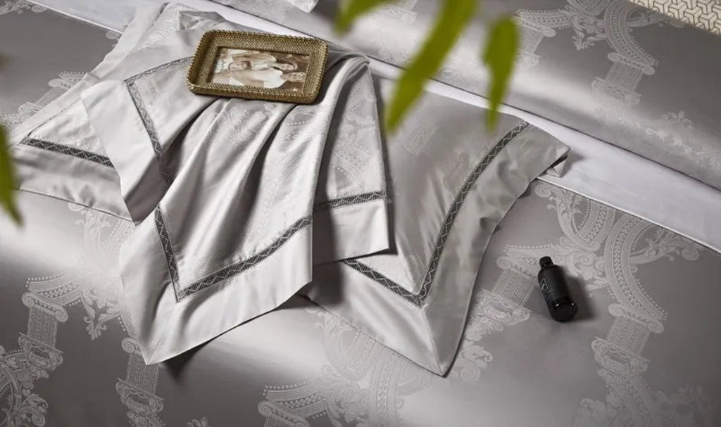 Couture-quality platinum silver grey bedding set with 1200TC Egyptian cotton satin and architectural damask design
