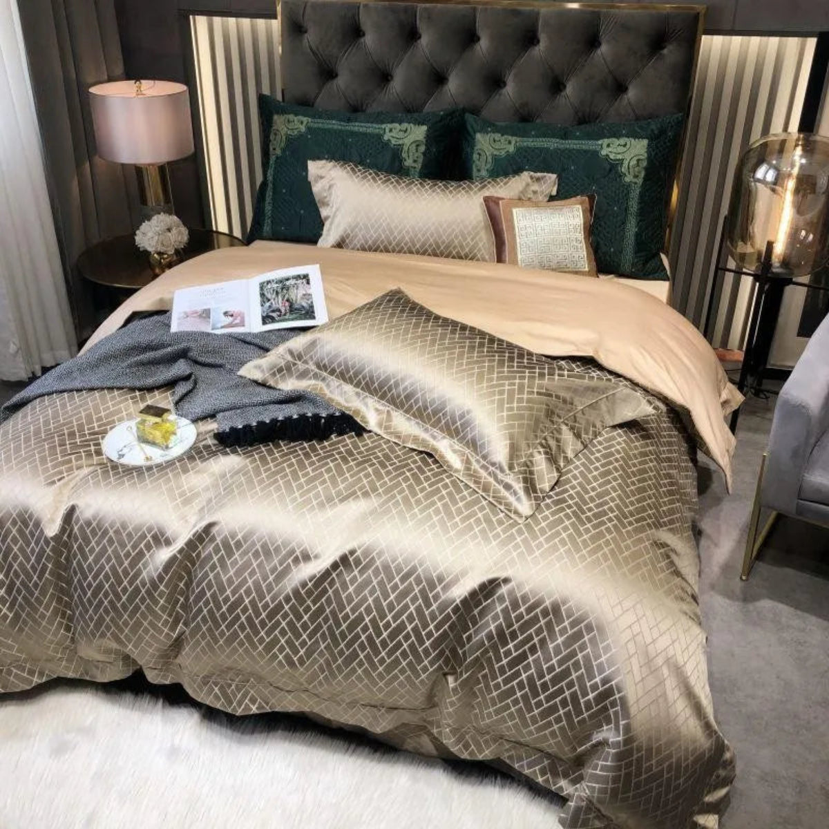 Sophisticated gold quilted satin bedding - high-thread-count Egyptian cotton duvet cover for master bedrooms