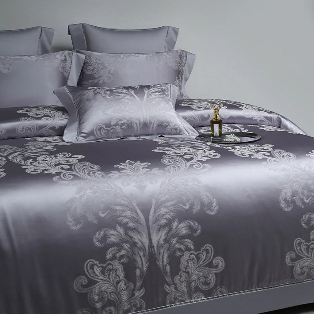 LINKORI Florad Grey luxury bedding collection featuring intricate damask motifs in premium cotton satin