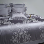 LINKORI Florad Grey luxury bedding collection featuring intricate damask motifs in premium cotton satin