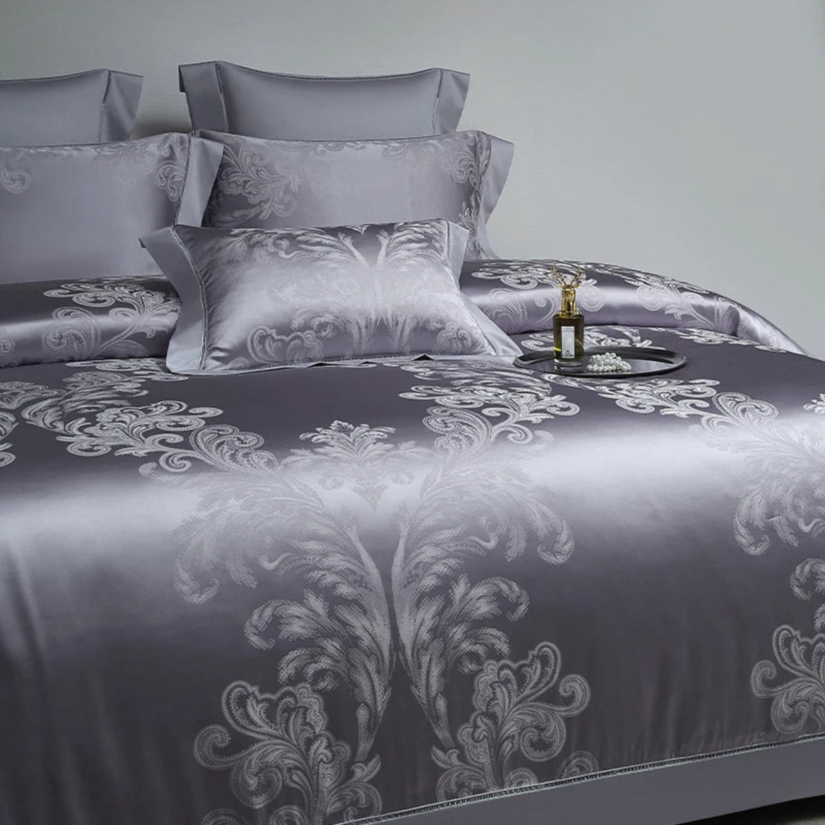 LINKORI Florad Grey luxury bedding collection featuring intricate damask motifs in premium cotton satin