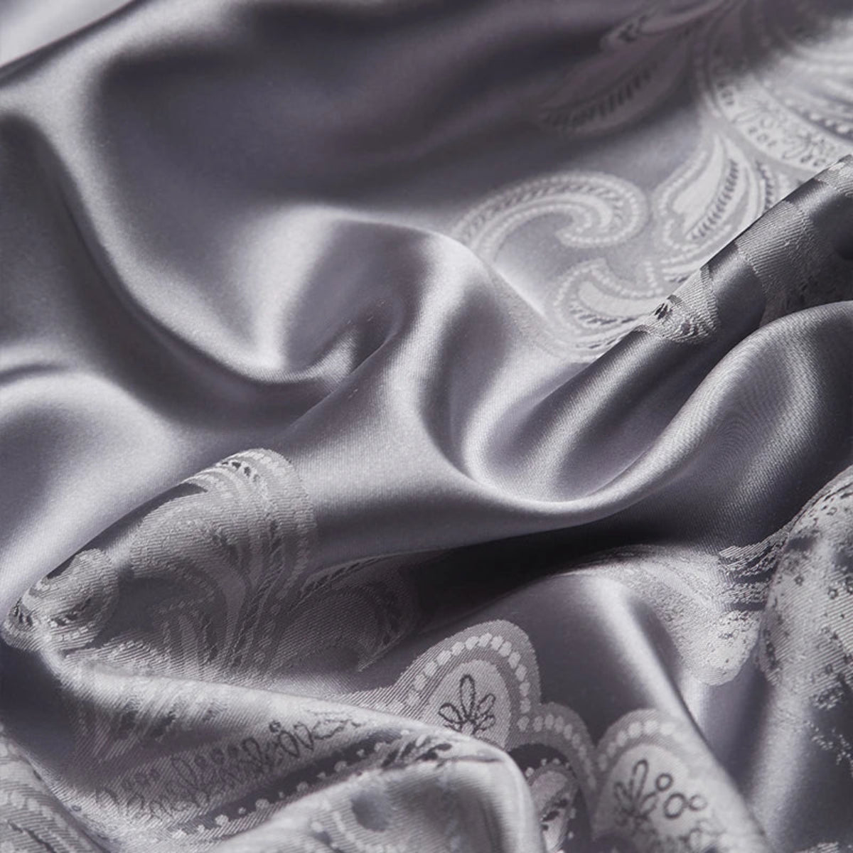 Sophisticated lavender grey damask duvet cover set featuring premium Egyptian cotton satin with royal motifs
