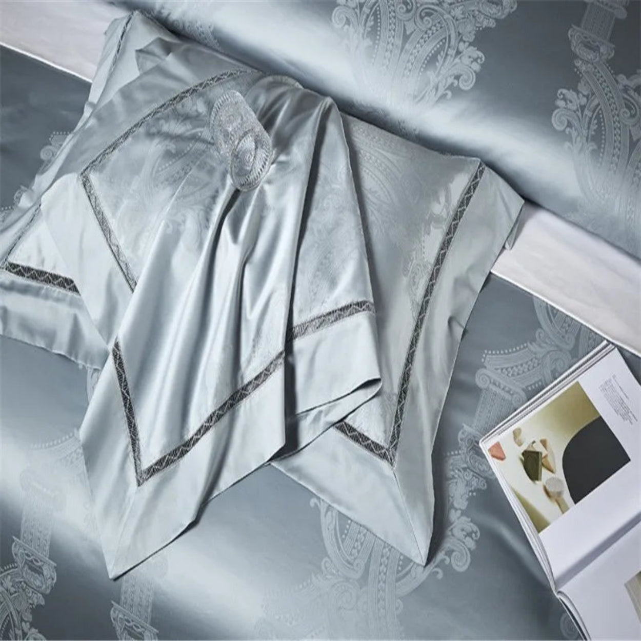 Designer damask jacquard bedding in sky blue cotton satin with European luxury bedroom design