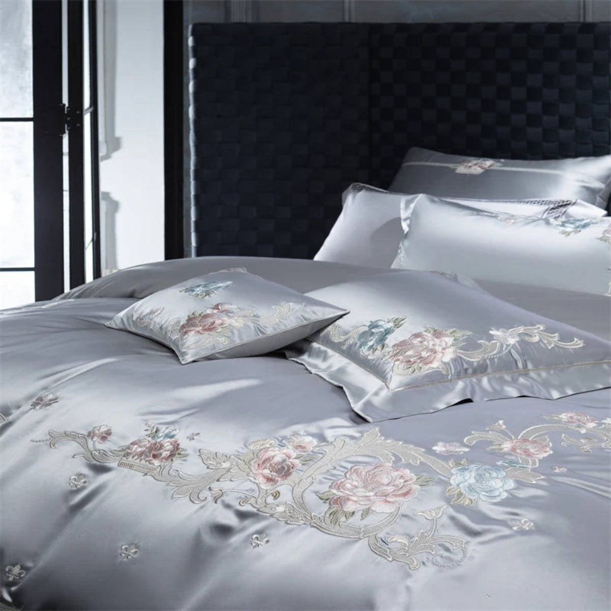High-quality grey cotton duvet cover with vintage-inspired floral embroidery pattern for cottagecore aesthetic