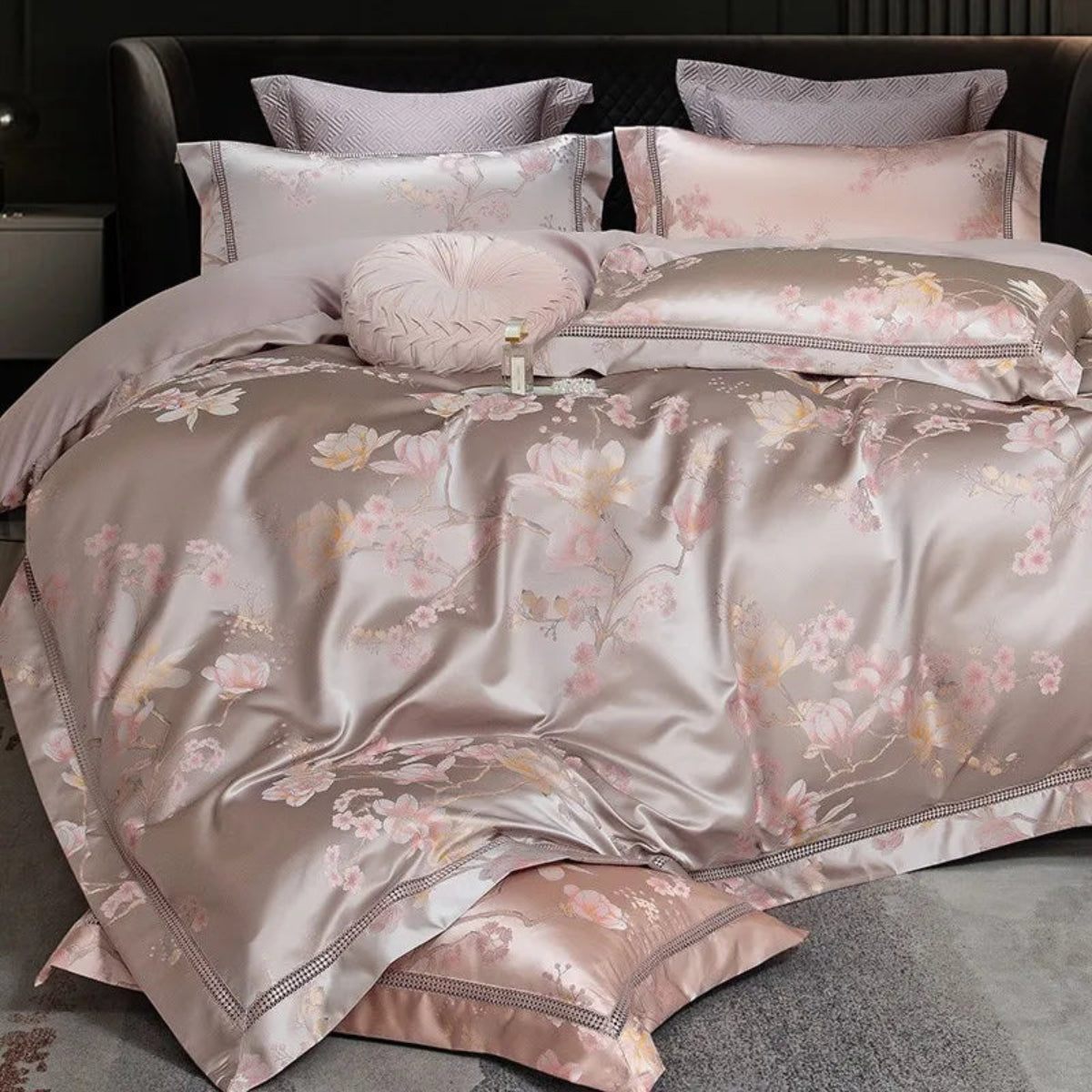 Luxury mauve satin bedding with delicate floral jacquard Egyptian cotton bedding