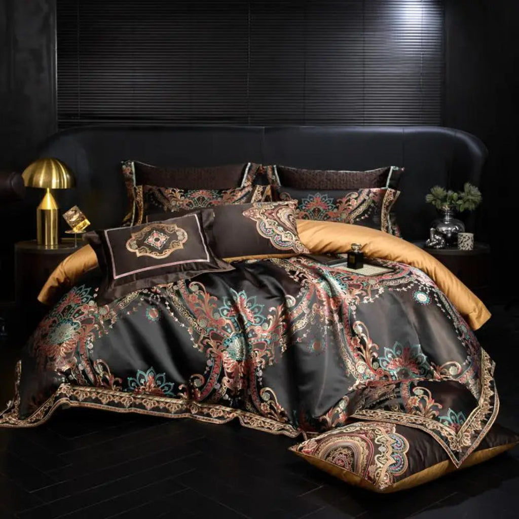 Luxury Egyptian cotton black duvet  with bohemian paisley patterns for designer interiors