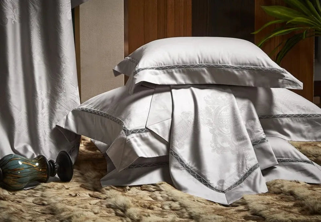 Platinum silver grey damask jacquard duvet cover set with luxury Egyptian cotton satin and architectural design patterns