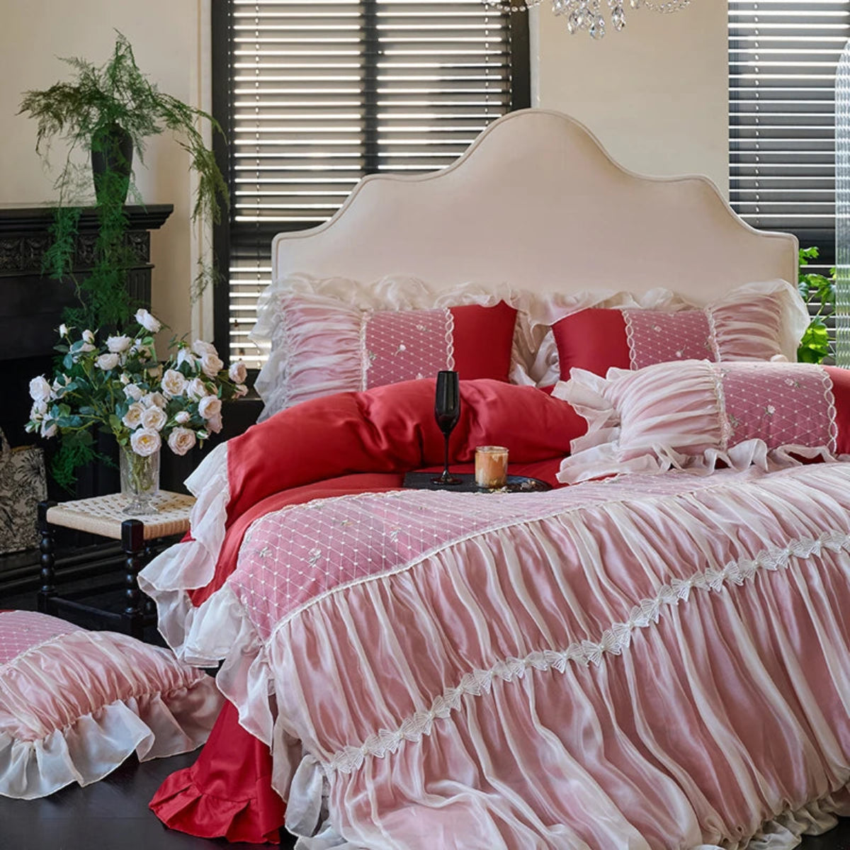 Red & white ruffle-lace bedding | diamond-quilted top | floral lace trim | 4-piece duvet cover set with bed skirt & 2 pillowcases | modern bedroom styling | LINKORI Rubylace Red