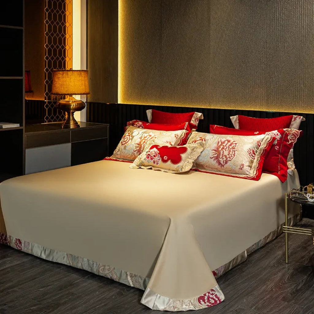 Romantic ivory satin flat sheet with floral satin trim, European-style bedroom look