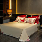 Romantic ivory satin flat sheet with floral satin trim, European-style bedroom look
