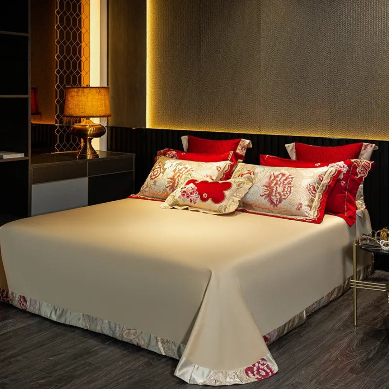 Romantic ivory satin flat sheet with floral satin trim, European-style bedroom look