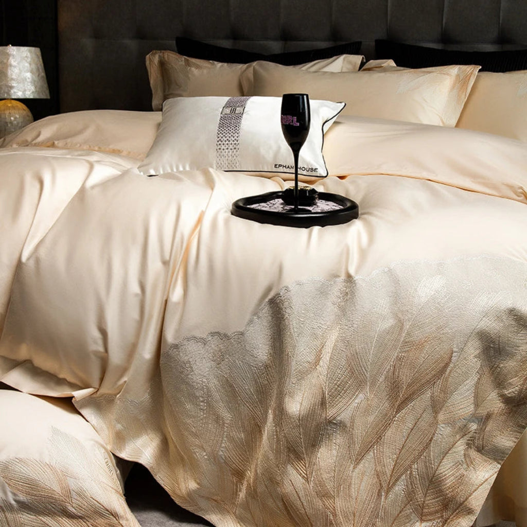 Luxury embroidered bedding in champagne beige with gold feather motif, 100% Egyptian cotton duvet cover 4-piece set – LINKORI Feathergold