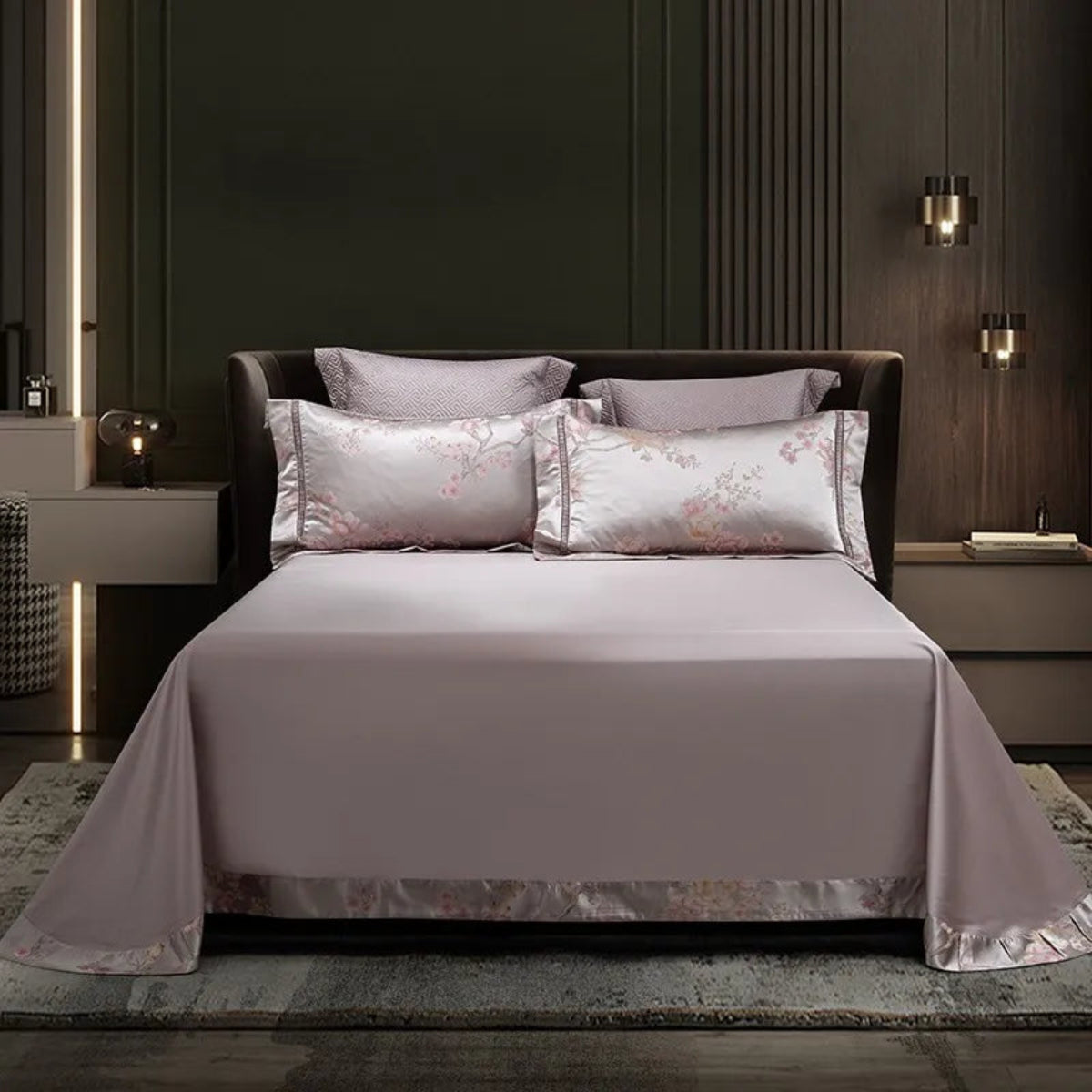 Luxury bedding collection mauve satin floral pattern Egyptian cotton duvet cover set