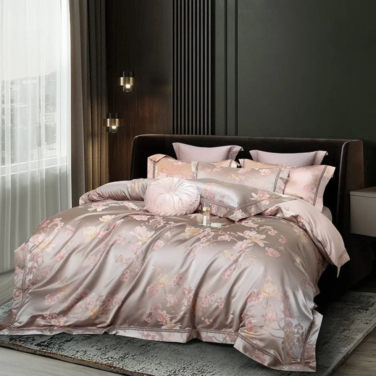 Premium Egyptian cotton jacquard bedding set featuring soft mauve florals and satin finish