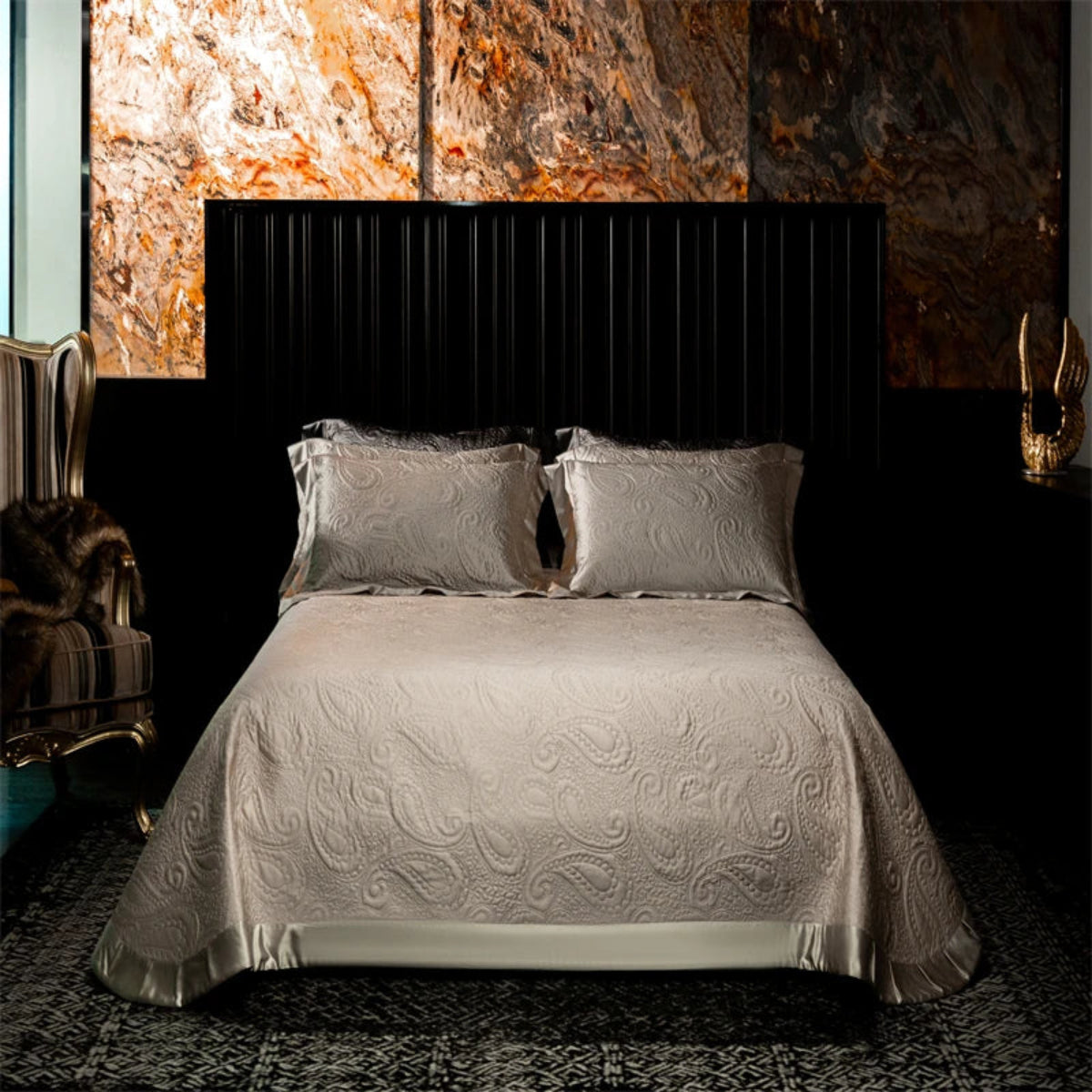 Gold satin duvet cover set with paisley pattern for luxury modern bedrooms