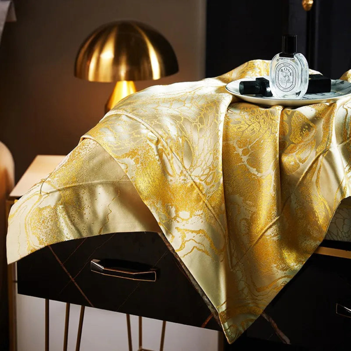 Decorative gold cushion and embroidered accents on satin jacquard, product detail, LINKORI