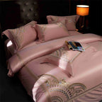 Luxury rose gold geometric pattern duvet cover featuring detailed embroidery on soft premium cotton bedding