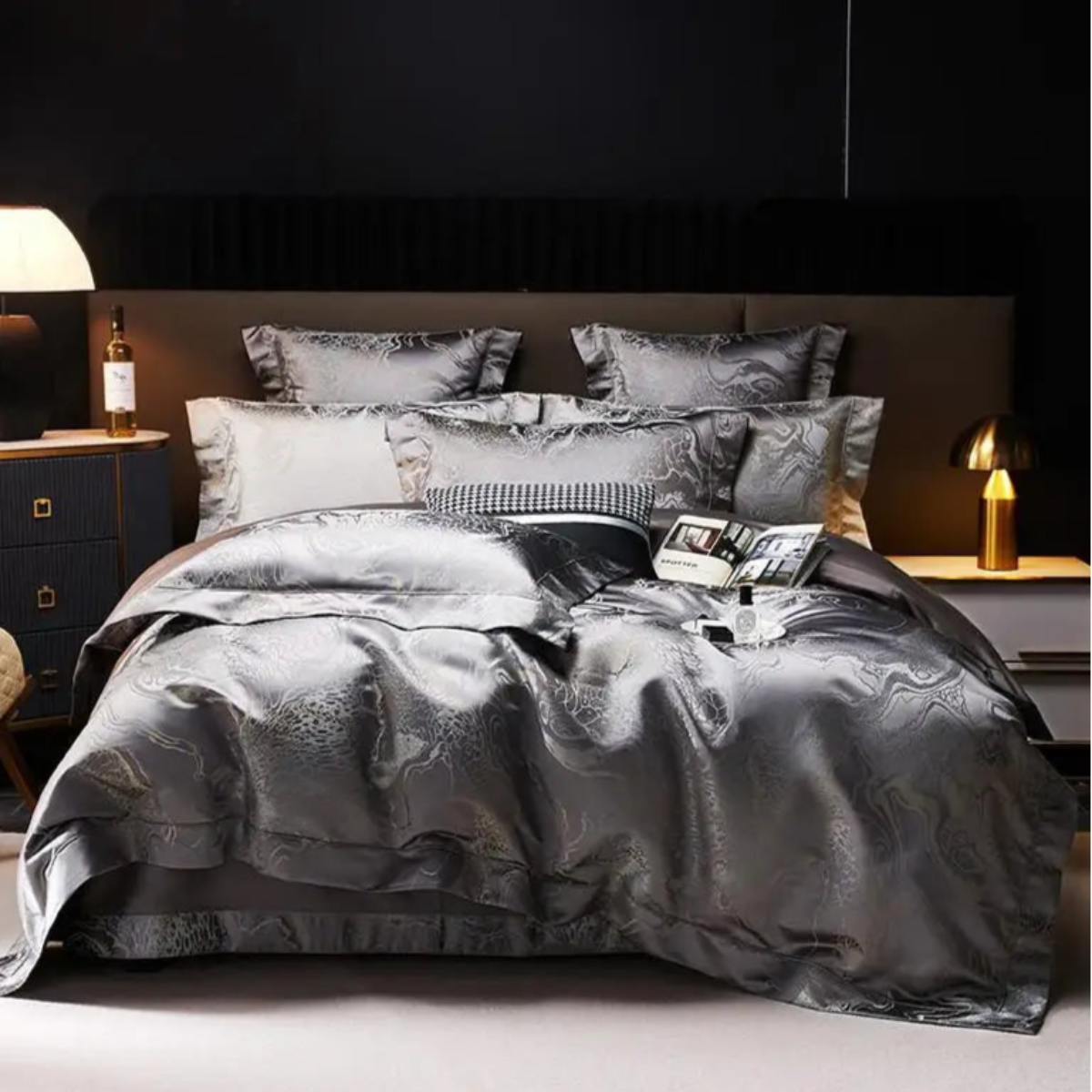 Deep grey jacquard duvet cover set with Oriental dragon motifs and platinum metallic threading for luxury bedding