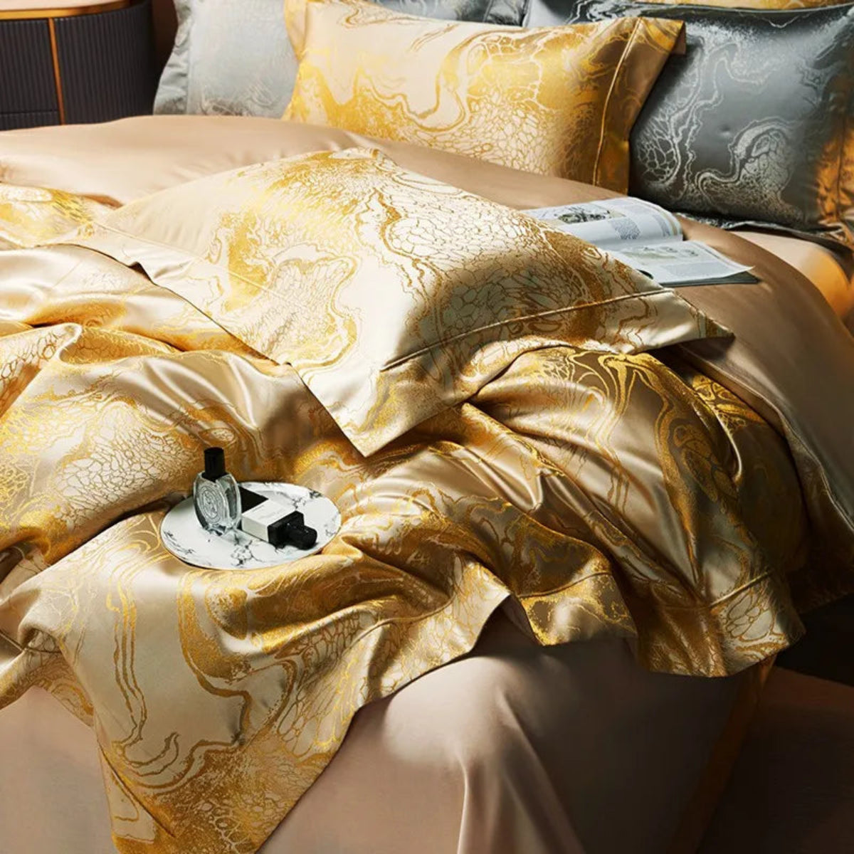 Elegant gold jacquard comforter set with matching pillowcases queen size