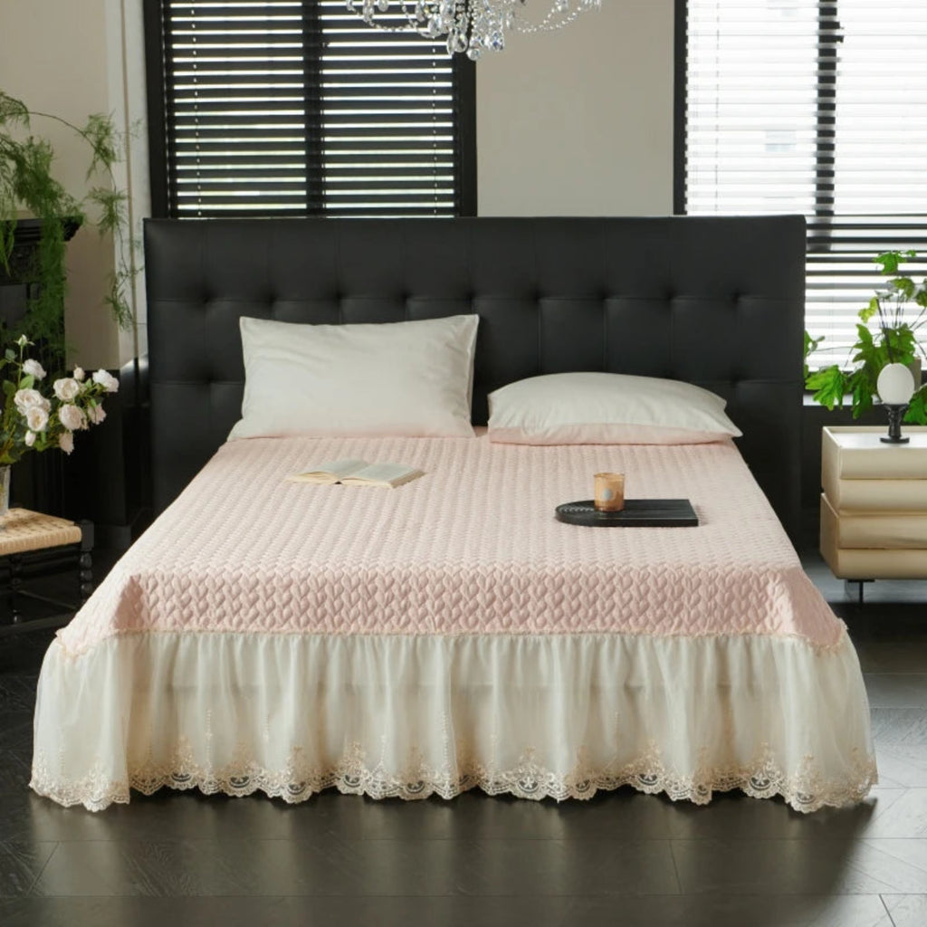 Classic bedroom detail — pink heart-quilted bed skirt with ruffled lace and embroidered floral hem, 100% cotton twill, princess shabby chic finish — LINKORI Rubylace Pink