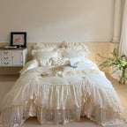Ivory soft-white ruffle lace bedding set, 100% cotton 600TC, 4-piece with heart-quilted bedspread and floral embroidery — LINKORI Aurace White