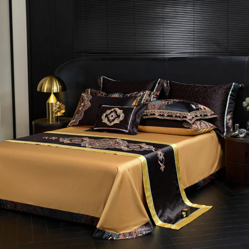 Black paisley Egyptian cotton bedding perfect for global-inspired master bedroom styling