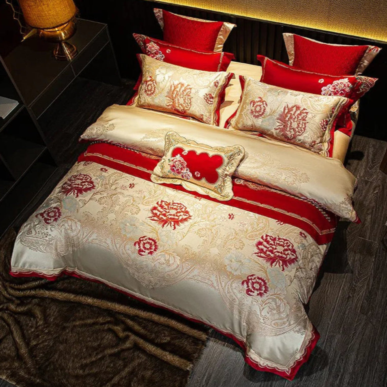 Romantic floral embroidered bedding set, LINKORI Troyal ivory and red luxury collection