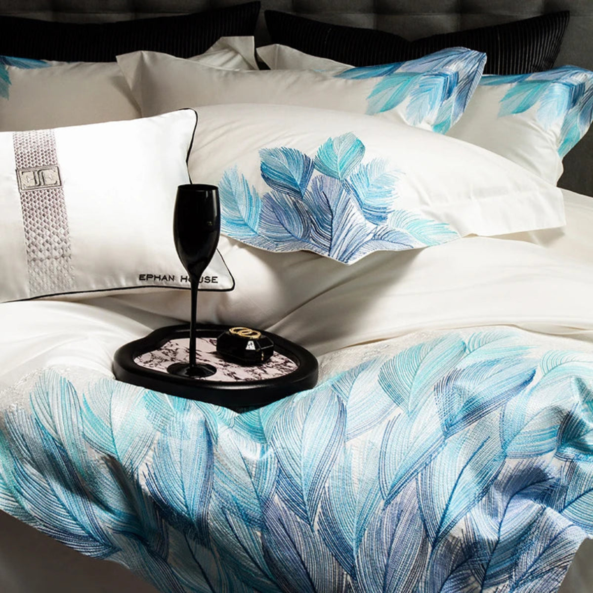 Elegant bedding with blue feather embroidery in gradient tones on white Egyptian cotton, luxury duvet cover set – LINKORI Featherblue