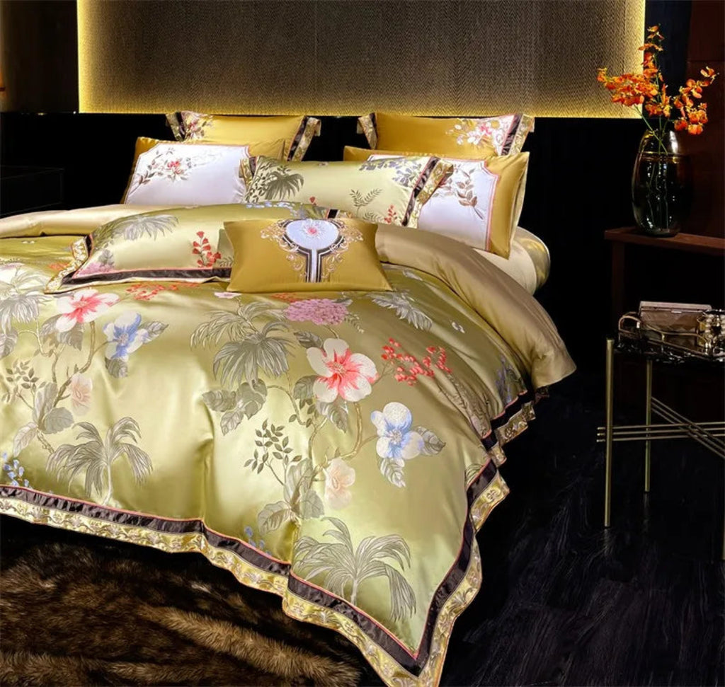 Hotel-polished gold satin bedding with breathable Egyptian cotton reverse, bedside styling, LINKORI