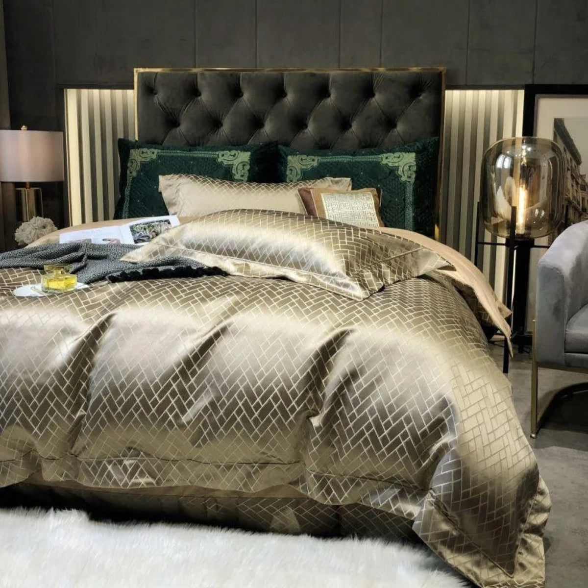 Designer gold geometric quilted bedding collection - silky soft Egyptian cotton duvet set for elegant bedrooms