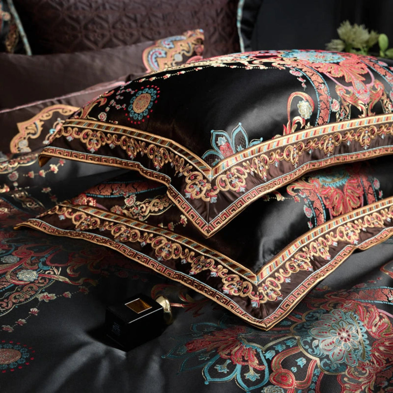 Elegant black paisley bedding set with cultural fusion medallion print for boho chic homes