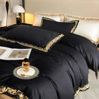 Luxury black & gold duvet cover set with detailed embroidery, elegant contemporary bedrooms – LINKORI Blacklabel