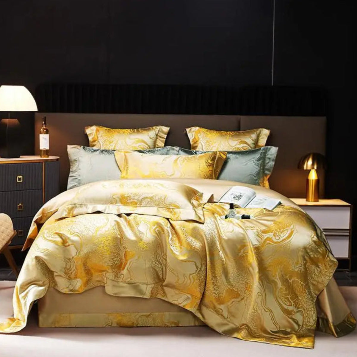 Luxury gold dragon bedding set with silk pillowcases on modern bedroom