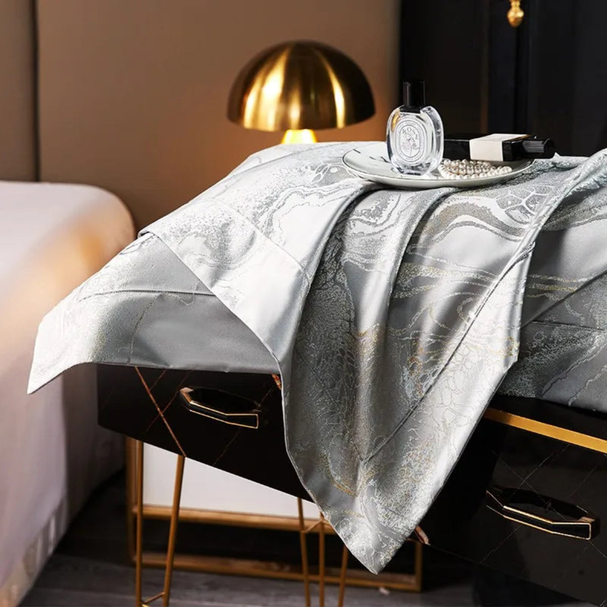 Elegant flat sheet with Oriental jacquard trim borders in silver-grey featuring dragon cloud patterns in modern bedroom