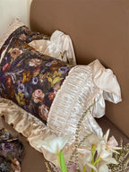 Close-up of floral pillow paired with beige ruffled lace pillow, luxury Egyptian cotton bedding – LINKORI Roselace