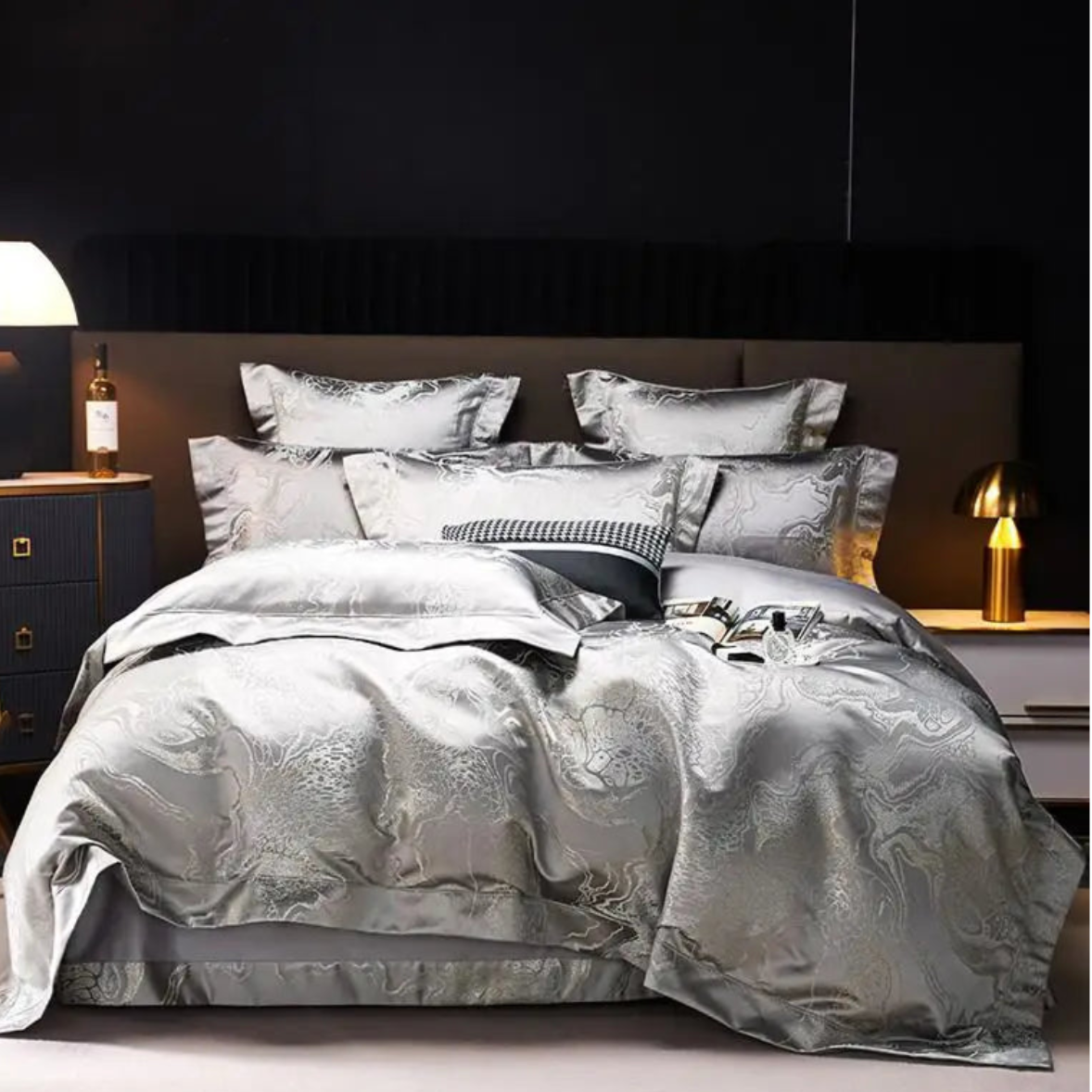 Silver grey jacquard duvet cover set with Oriental dragon motifs and platinum metallic threading on luxury bedding