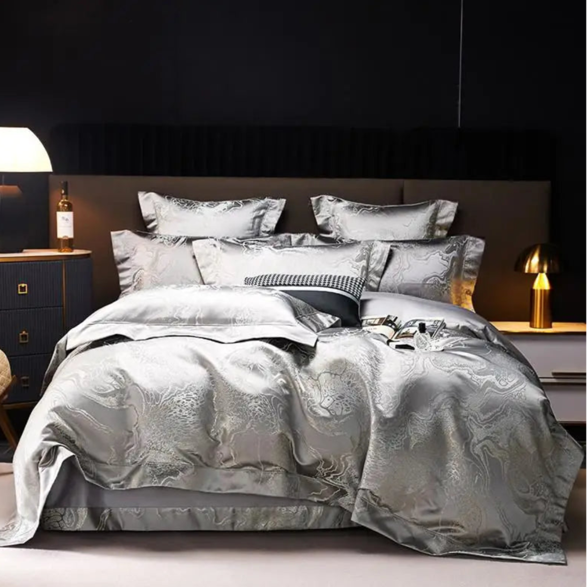 Silver grey jacquard duvet cover set with Oriental dragon motifs and platinum metallic threading on luxury bedding