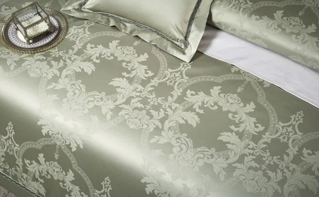 Sophisticated sage green damask duvet cover set for luxury master suite and European-style bedroom interior design