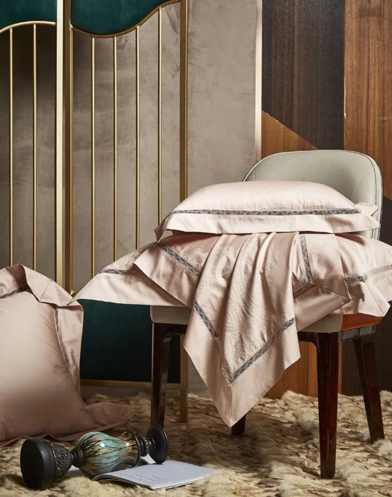 Premium 1200 thread count cotton satin duvet cover with sophisticated champagne beige damask jacquard design in modern bedroom