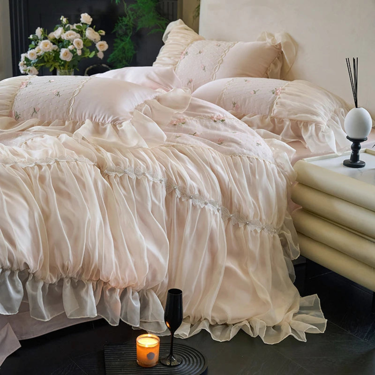 Vintage bedroom lace bedding — blush pink princess ruffles with diamond floral embroidery, 4-piece set, 100% cotton twill, shabby chic aesthetic — LINKORI Rubylace Pink