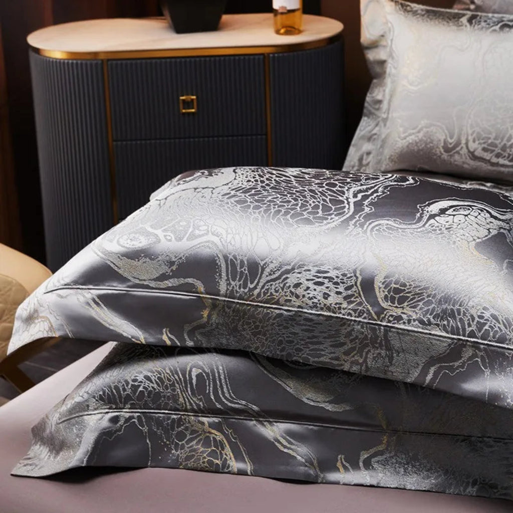 Elegant flat sheet with Oriental jacquard trim borders in deep grey featuring dragon cloud patterns