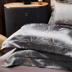 Elegant flat sheet with Oriental jacquard trim borders in deep grey featuring dragon cloud patterns