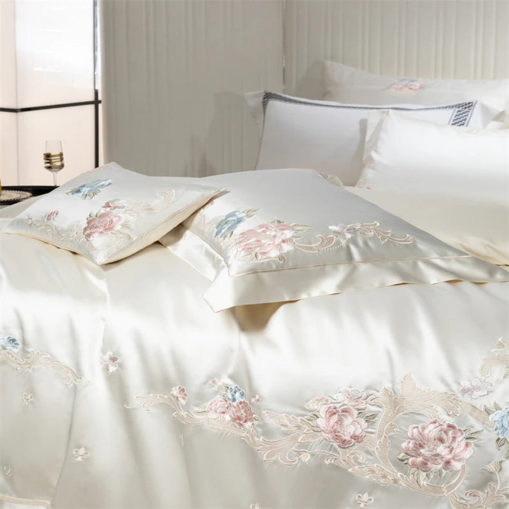Luxury cottagecore aesthetic bedding - Egyptian cotton duvet with vintage-style floral embroidery pattern