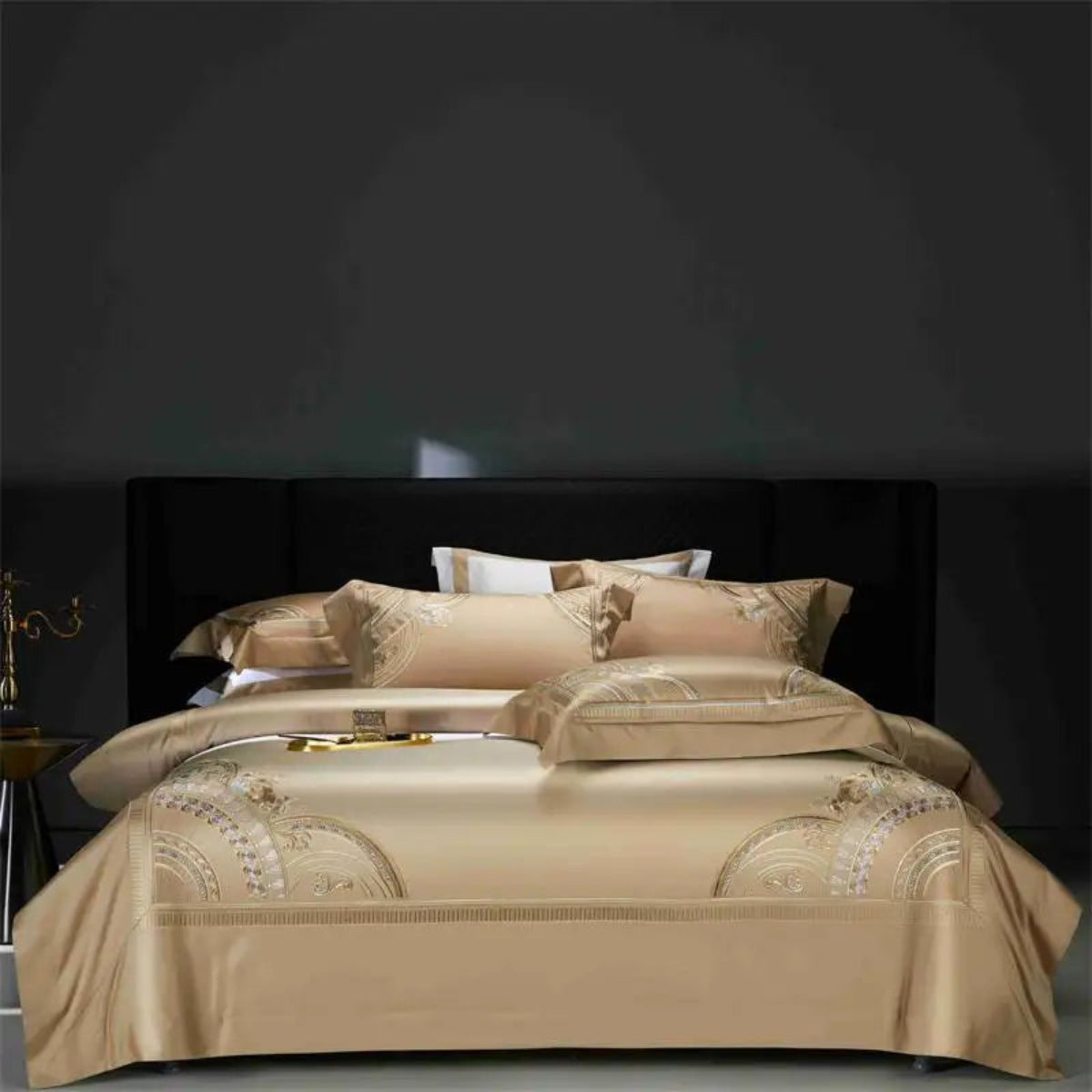 High-thread-count gold cotton bedding with geometric embroidery design - luxury hotel style duvet set