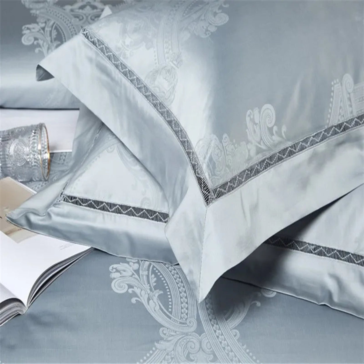 Luxury sky blue bedding set showcasing architectural damask motifs in lustrous Egyptian cotton satin fabric