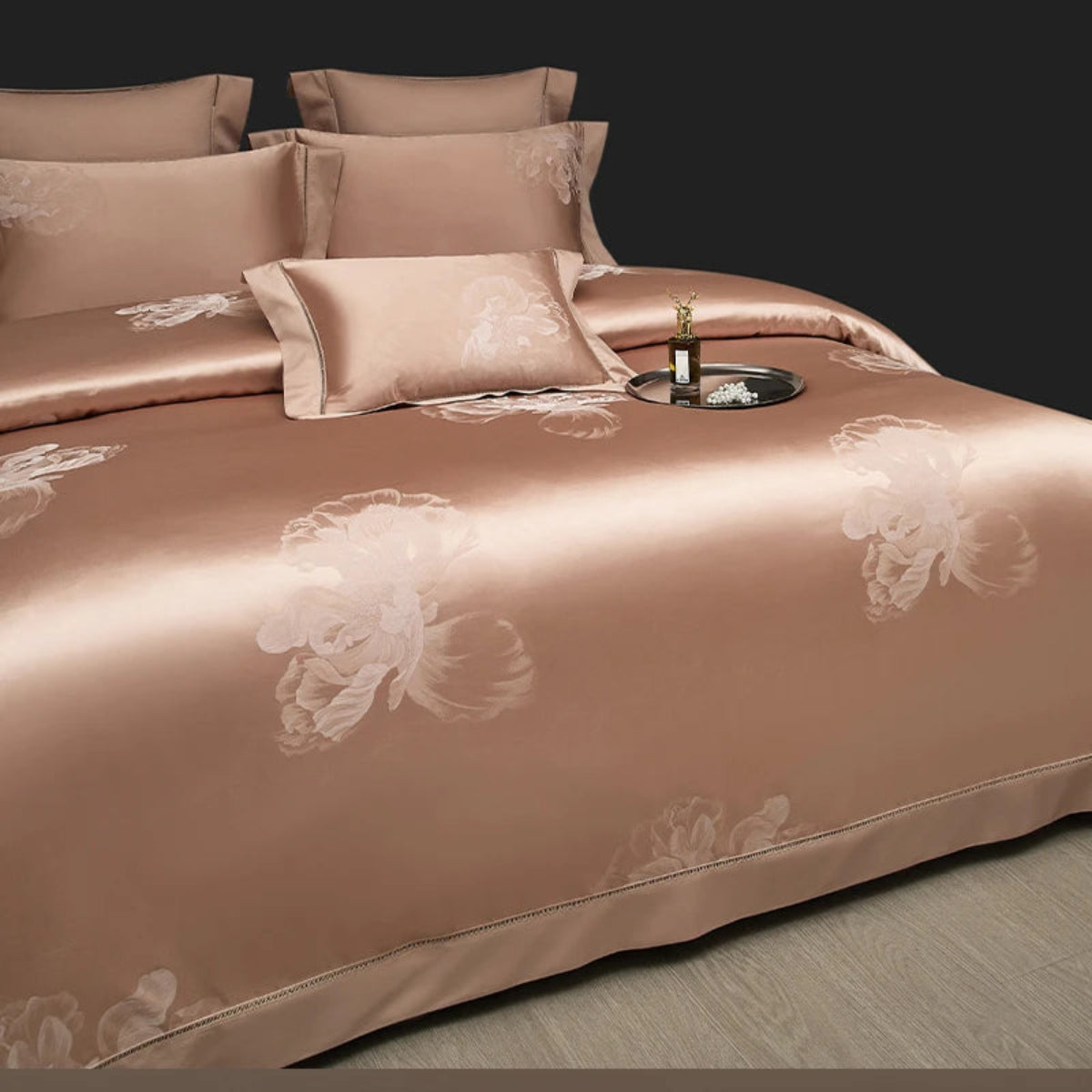 Premium 1000 thread count cotton satin duvet cover with sophisticated rose gold floral design for modern bedrooms