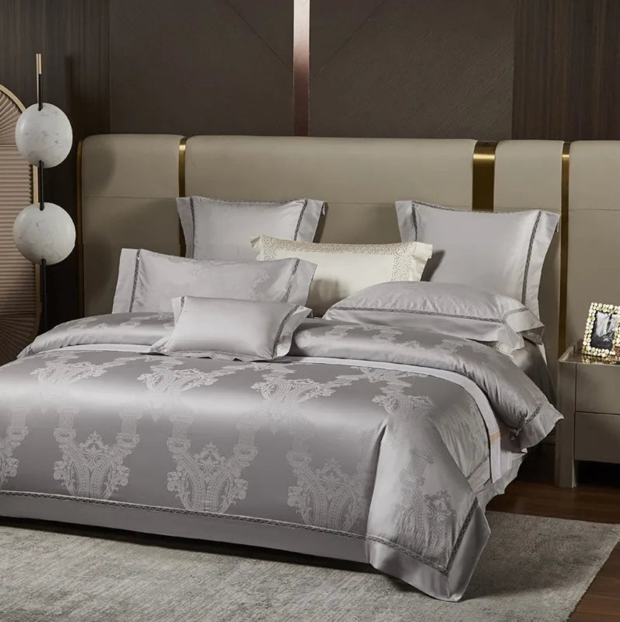 Luxury platinum silver grey bedding set showcasing architectural damask motifs in modern luxury bedroom