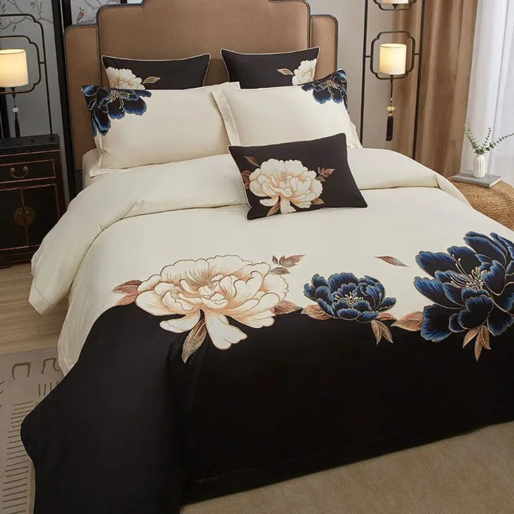 Modern elegant bedroom styled with black & ivory bedding and blue gold floral embroidery, Egyptian cotton 4-piece set – LINKORI Luxeflower