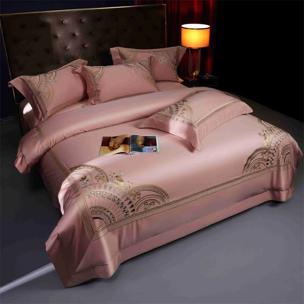 Designer pink embroidered bedding with geometric motifs - high-quality cotton satin duvet cover set